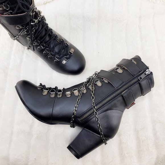 Vivika Goth Granny Ankle Boots Coffin Straps & Chain - Picture 3 of 16
